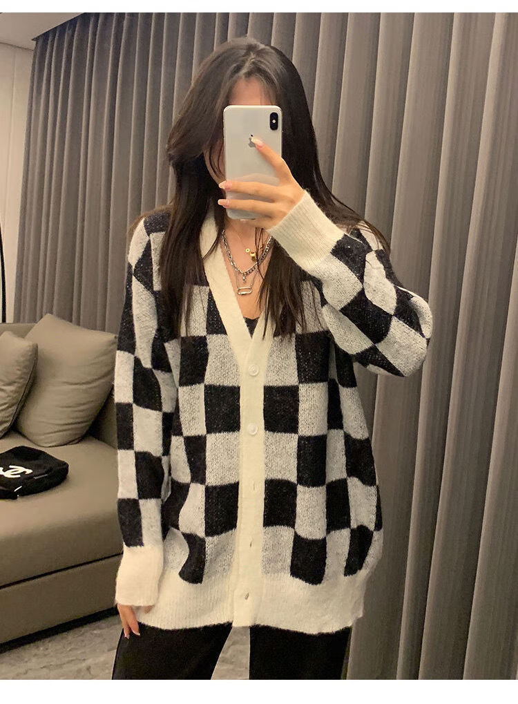 秋冬针织衫羊绒羊毛衫质感blacky棋盘格子毛衣女宽松外穿v领开衫上衣