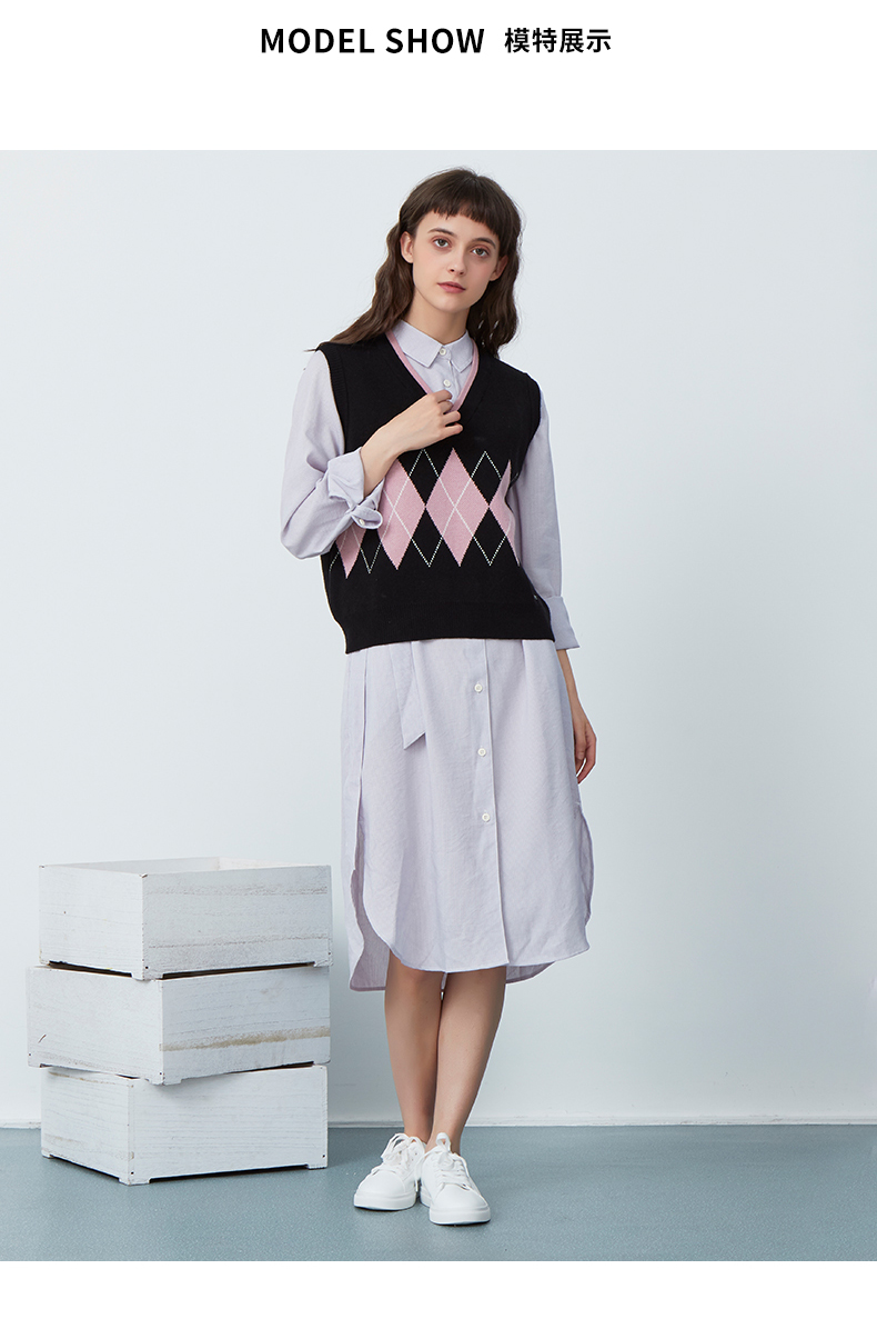 who.a.u女款休闲格子花纹马甲英伦风时尚简约潮流舒适上衣 黑色19 s