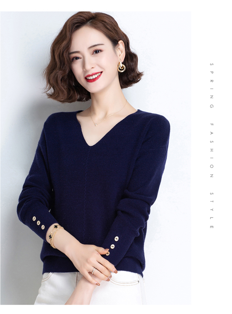 子牧棉麻春装女韩版时尚v领套头毛衣宽松长袖打底针织衫上衣0530清
