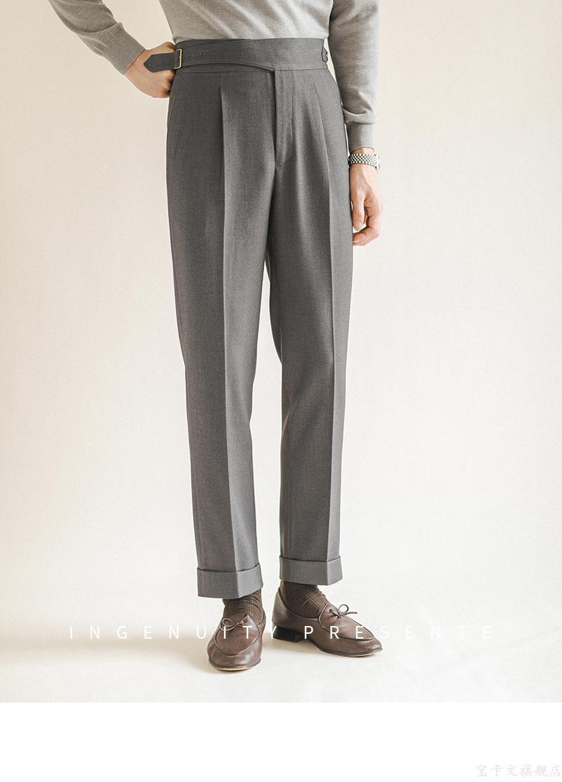 廓尔喀西裤定制秋冬厚款美式那不勒斯双褶西裤男那不勒斯高腰直筒裤男