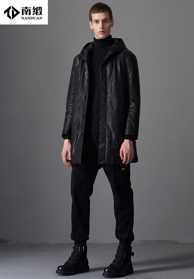 南缎品牌中青年高端品质真皮皮衣轻薄绵羊皮服男连帽中长款外套暗黑