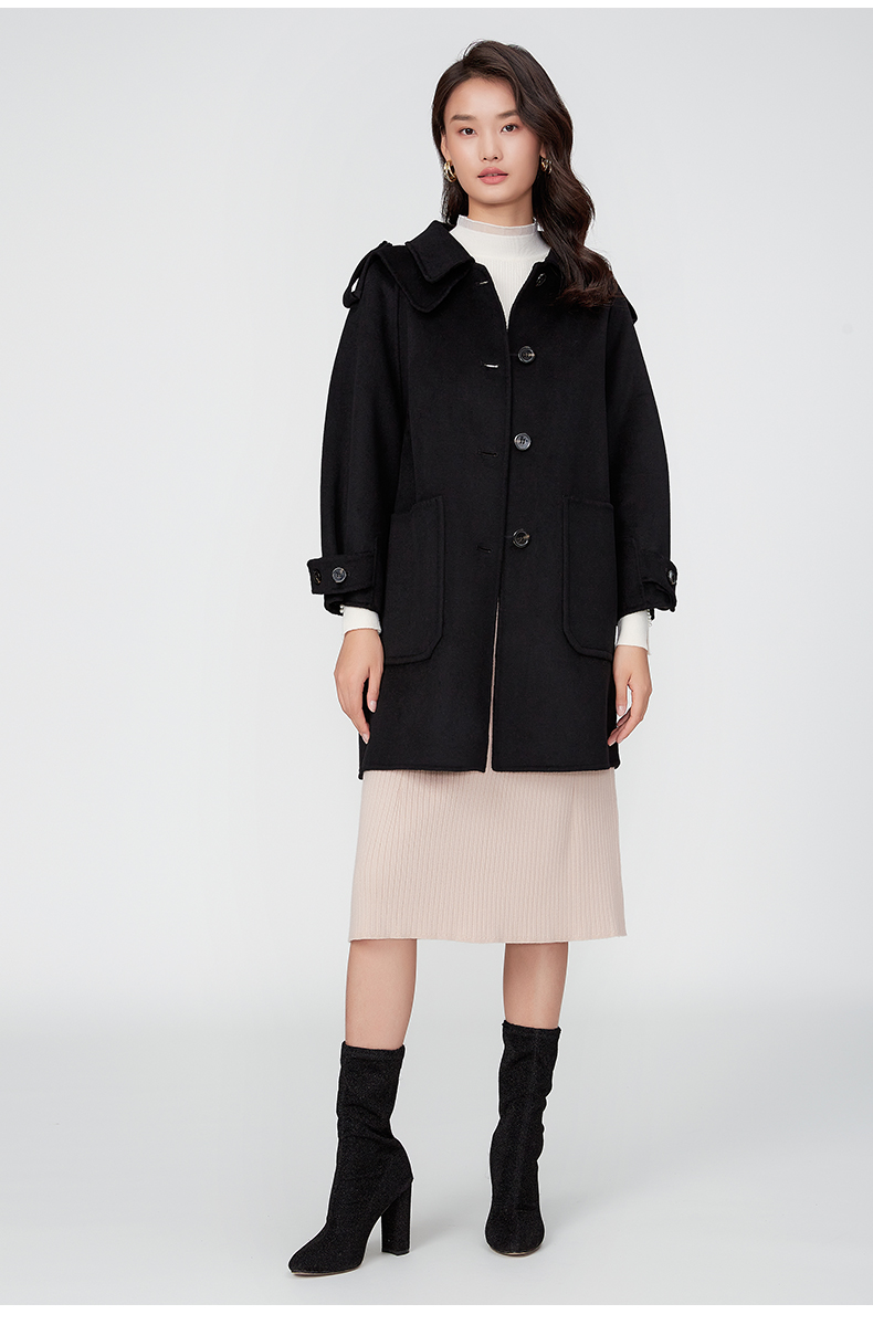 阿依莲2021新款毛呢中长款外套小个子女显瘦秋冬女轻熟风呢子大衣黑色