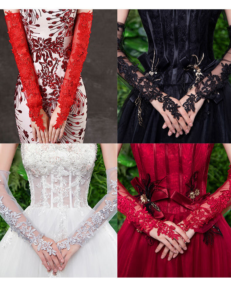 手套蕾丝长款缎面冬季超仙露指森系新娘结婚礼服加厚手袖短款蕾丝露指