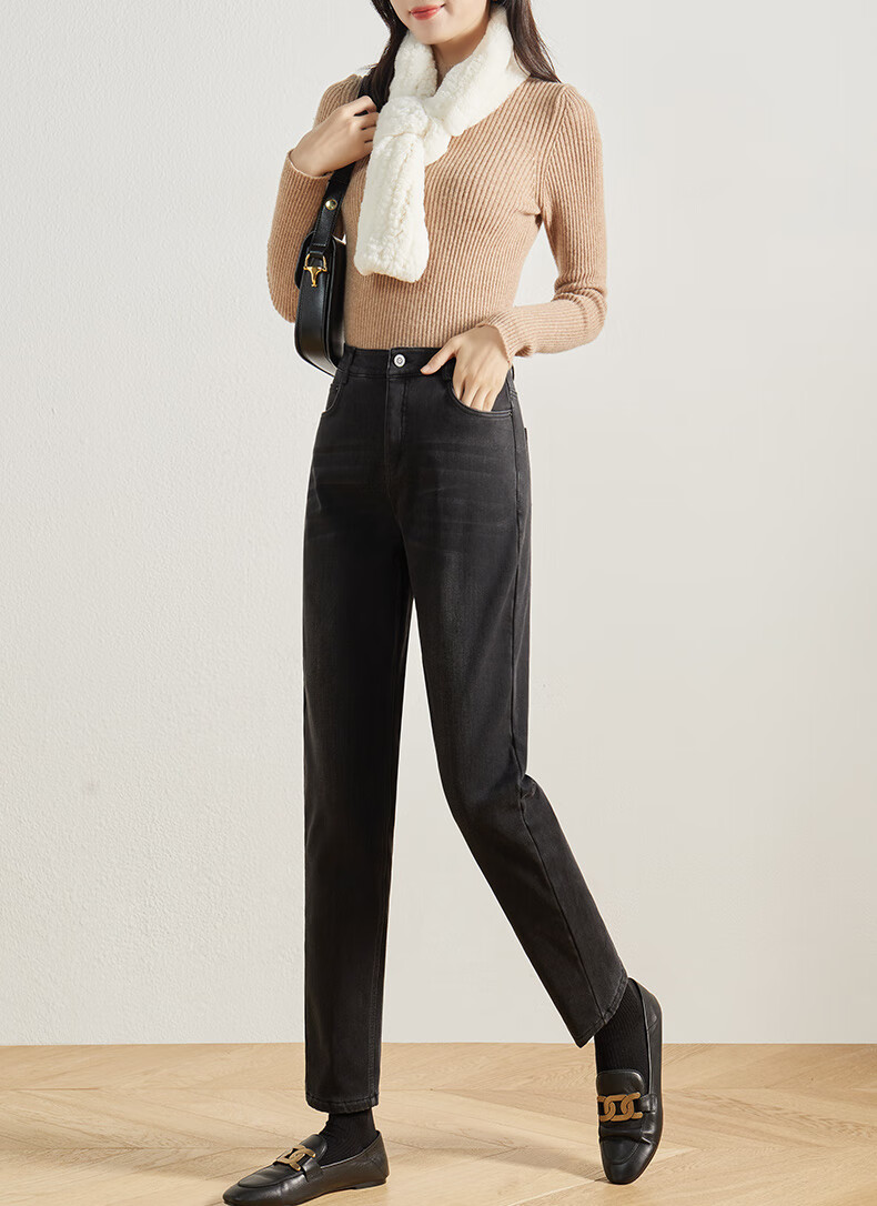 娅丽达加绒老爹裤女显瘦直筒羊毛女裤2021秋冬新款裤子加厚哈伦裤黑色