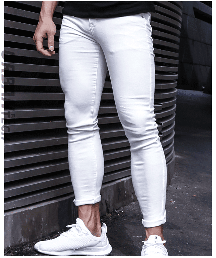 肌肉男牛仔裤紧身弹力健身运动修身潮流训练破洞休闲长裤九分裤子白色