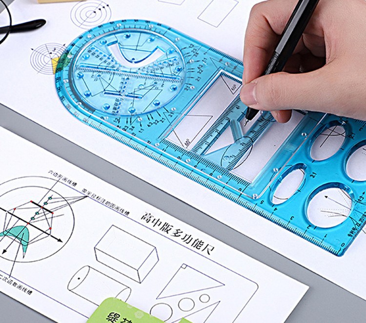 多功能绘图尺学生可旋转数学尺子画圆模板尺图形活动尺初中透明版