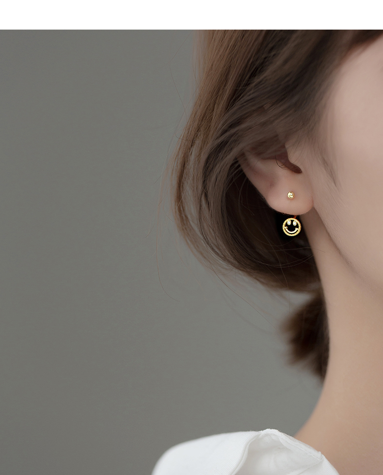 七妹s925银微笑耳钉螺丝拧帽耳饰镂空气质镶钻夏季简约笑脸耳钩女耳饰