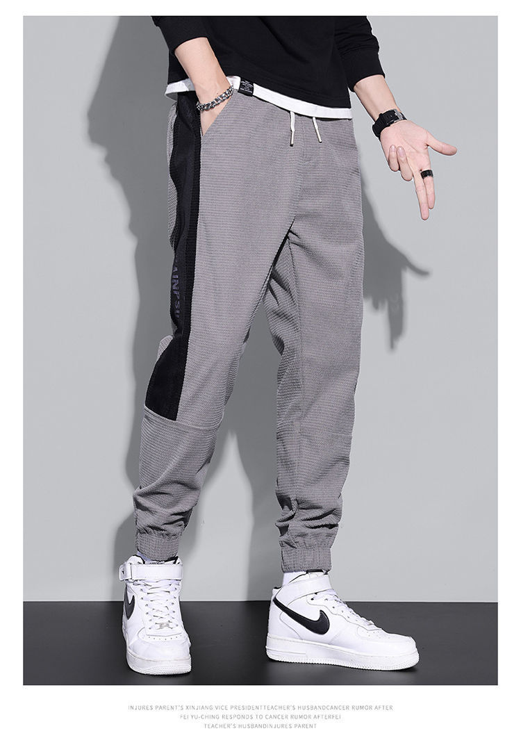 束腿裤男秋季秋天裤子美式灯芯绒休闲松紧腰拼接宽松束脚弹力哈伦版