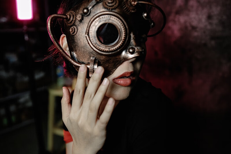机械面具歌剧魅影朋克复古做旧半脸男士女士面具铆钉蒸汽年会款pu红23