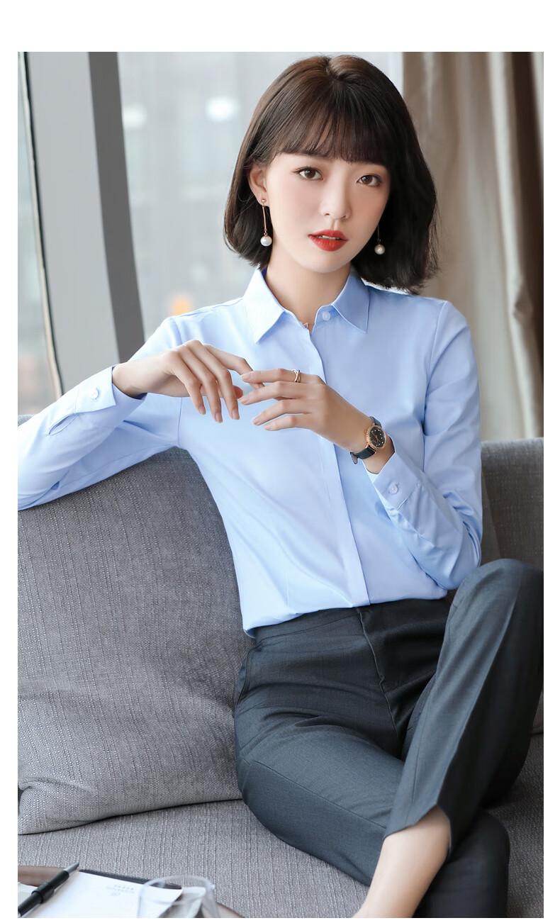 qlezqc酒店前台员工服装浅蓝色衬衫女职业气质上班族暗门襟面试正装白