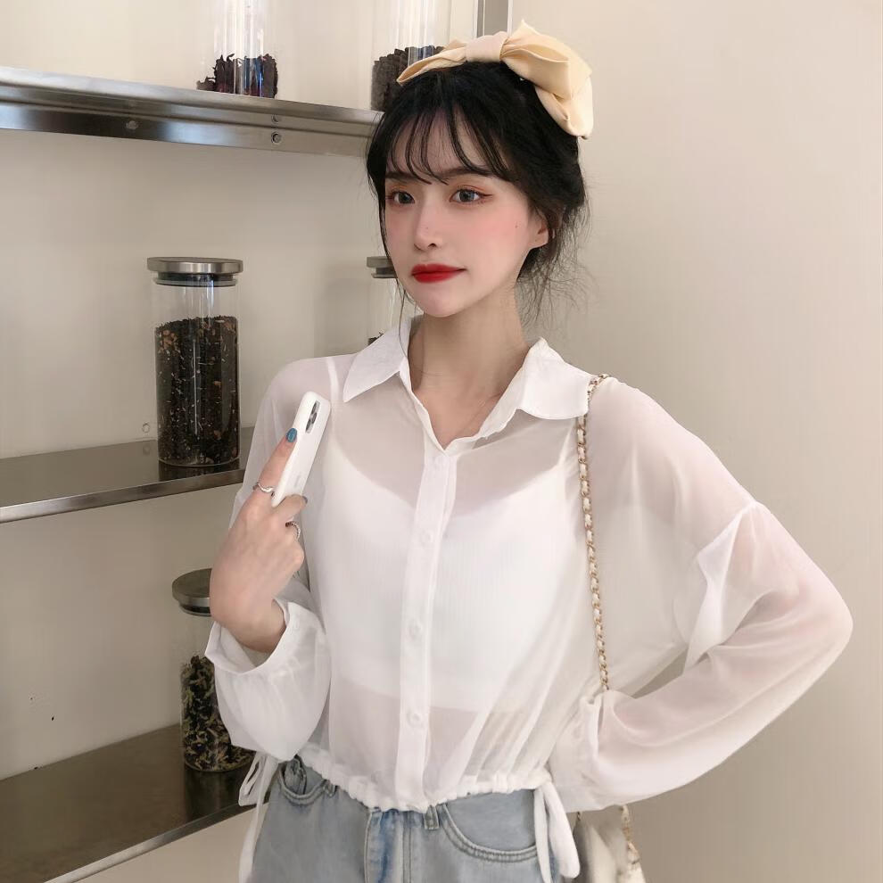超透明性感白色衬衫女透明夏款新款上衣设计感小众抽绳短款衬衣外套勤