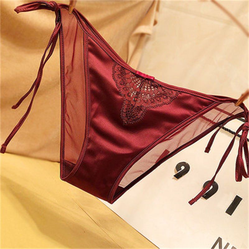 系带内裤女性感绑带系绳新品欧美女子镂空女士诱惑透气少女低腰酒红