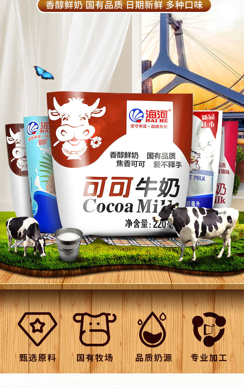 海河牛奶天津200ml袋多规格可可巧克力咖啡椰子草莓奶乳制品风味早餐