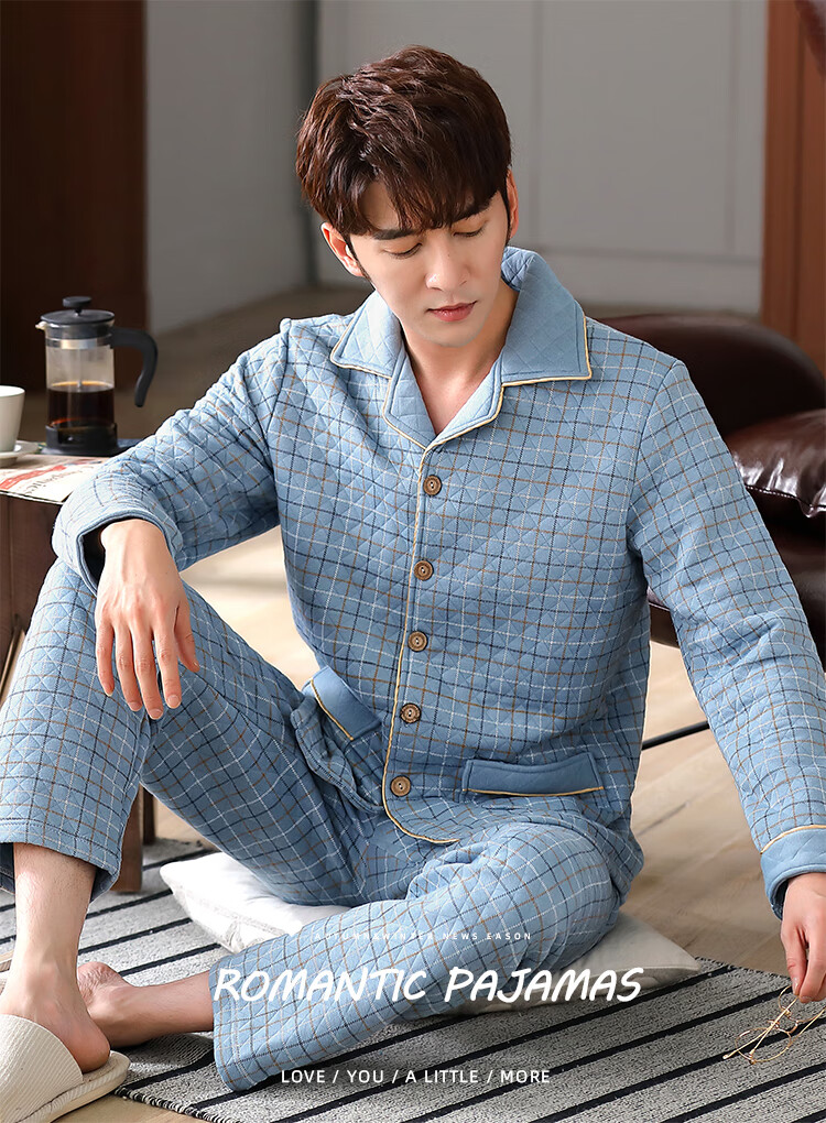 南极人男士睡衣冬季纯棉加厚夹棉秋冬款格子长袖中年全棉夹层家居服