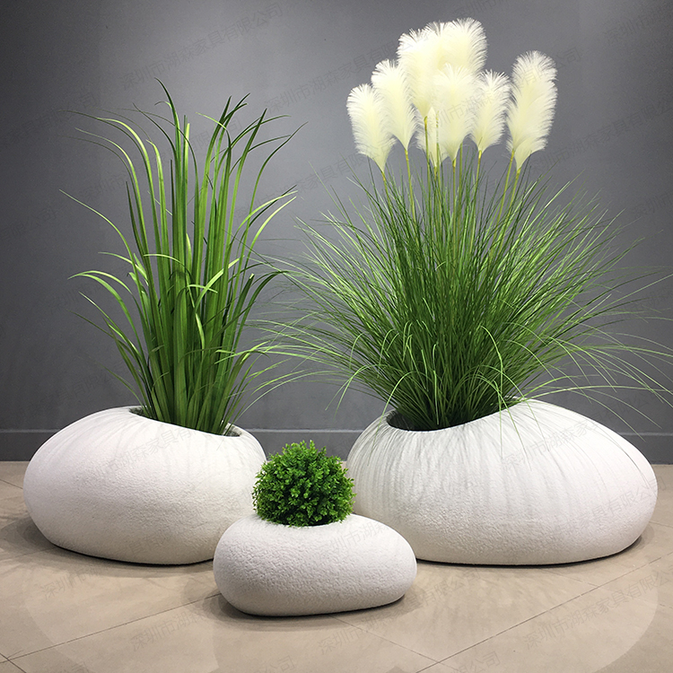 帝龟北欧简约轻奢落地花器商场玻璃钢石头花盆绿色芦苇大号装饰品摆件