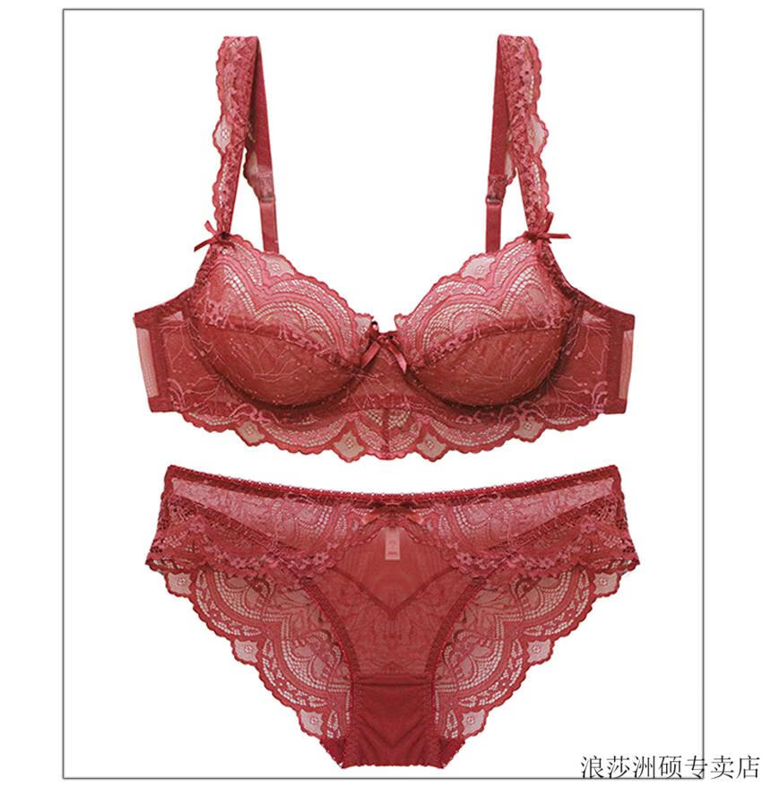 浪莎黑色蕾丝文胸女士性感内衣内裤套装款无海绵透明胸罩大胸显小薄款