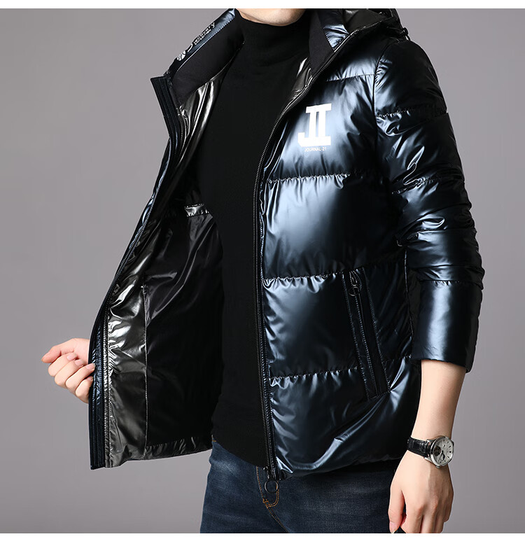 阿玛尼(armani)男士服中长款连帽亮面外套冬装白鸭绒加厚保暖潮 黑色