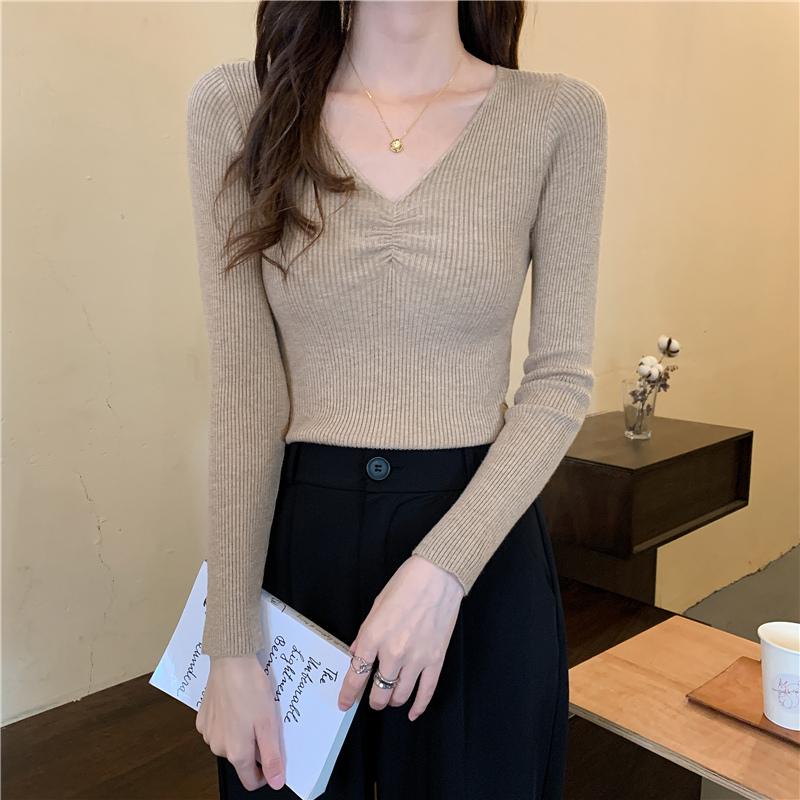 格卡蜜低胸薄款打底低领针织衫女长袖大领口春秋v领紧身春夏洋气内搭