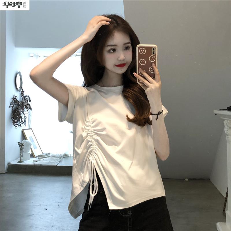 麦寻女装品质2022年夏季新款宽松不规则设计感小众抽绳短袖t恤女白色