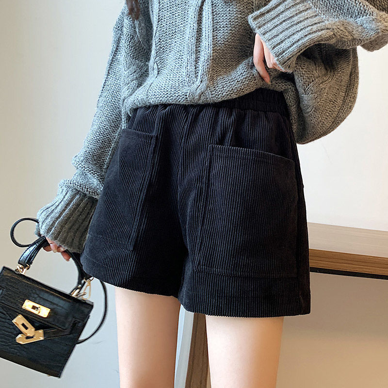冬款短裤女百搭灯芯绒短裤女秋冬高腰鞋裤宽松显瘦学生百搭外穿阔腿裤
