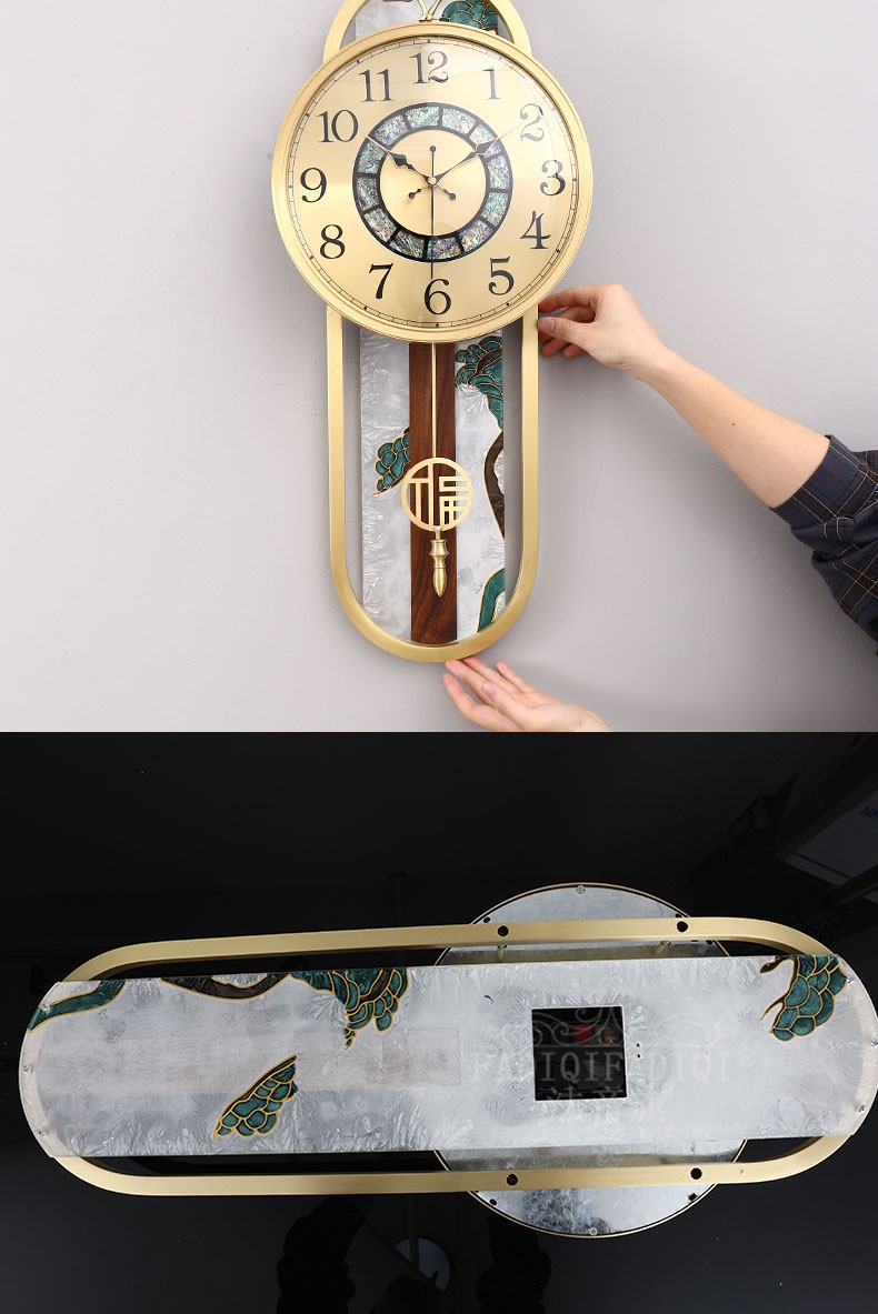 法帝旗轻奢品牌铜挂钟客厅电视柜玄关装饰钟表新中式珐琅彩贝壳轻奢
