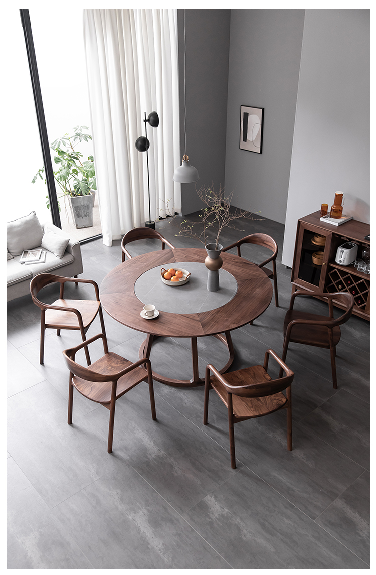 康逸轩全实木圆形餐桌黑胡桃木岩板纯实木圆桌现代简约家用轻奢别墅大