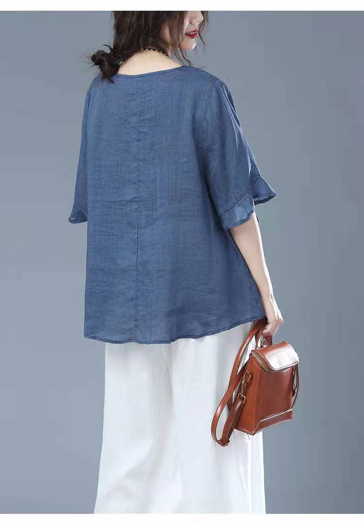 ahka棉麻短袖女t恤夏季5分袖纯色圆领宽松显瘦半袖上衣女蓝色m90109斤