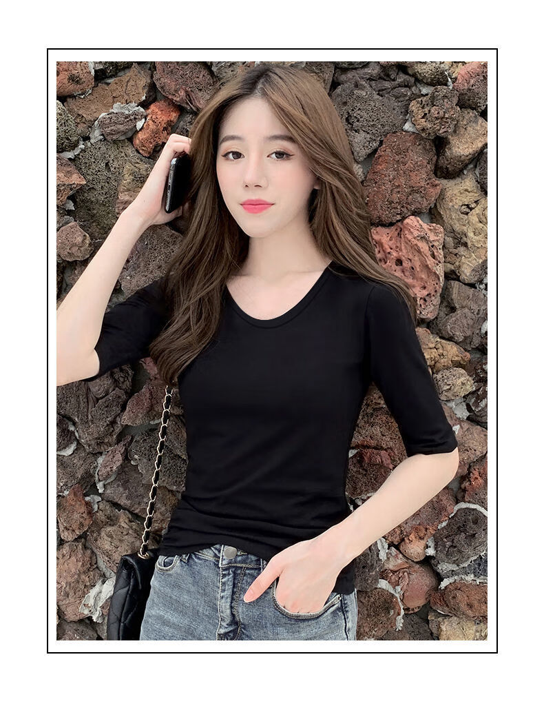 光彩悦灵女装半袖女2022新款五分袖黑色短袖t恤女上档次女装中袖上衣
