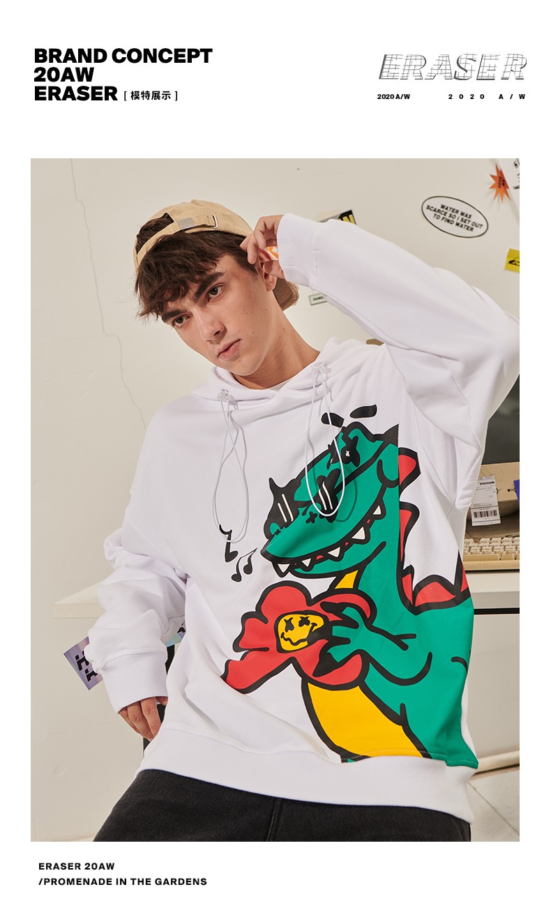 er笑脸大恐龙印花连帽卫衣男秋冬新国潮牌情侣装帽衫 黑色 m【图片