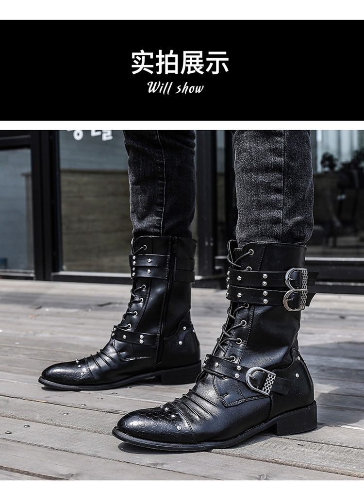 皮鞋男秋冬冬季高帮中筒皮鞋男式欧美风尖头时尚铆钉318黑色标准款38