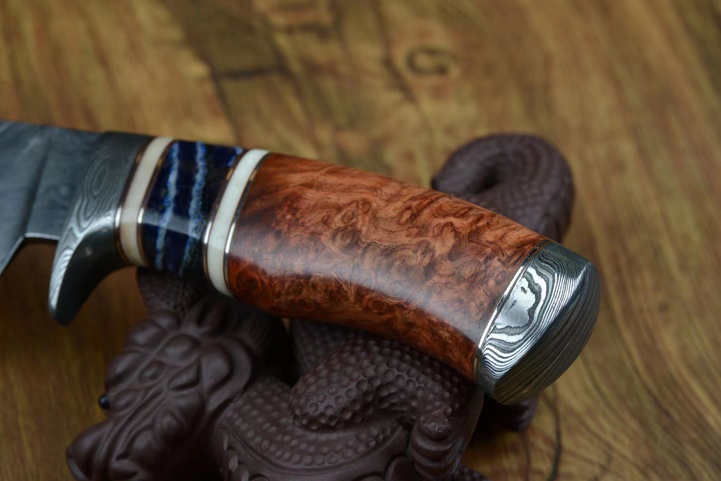 硕哥扭转纹大马士革钢刀猛犸牙臼齿化石花梨木榴手柄户外直刀收藏送礼