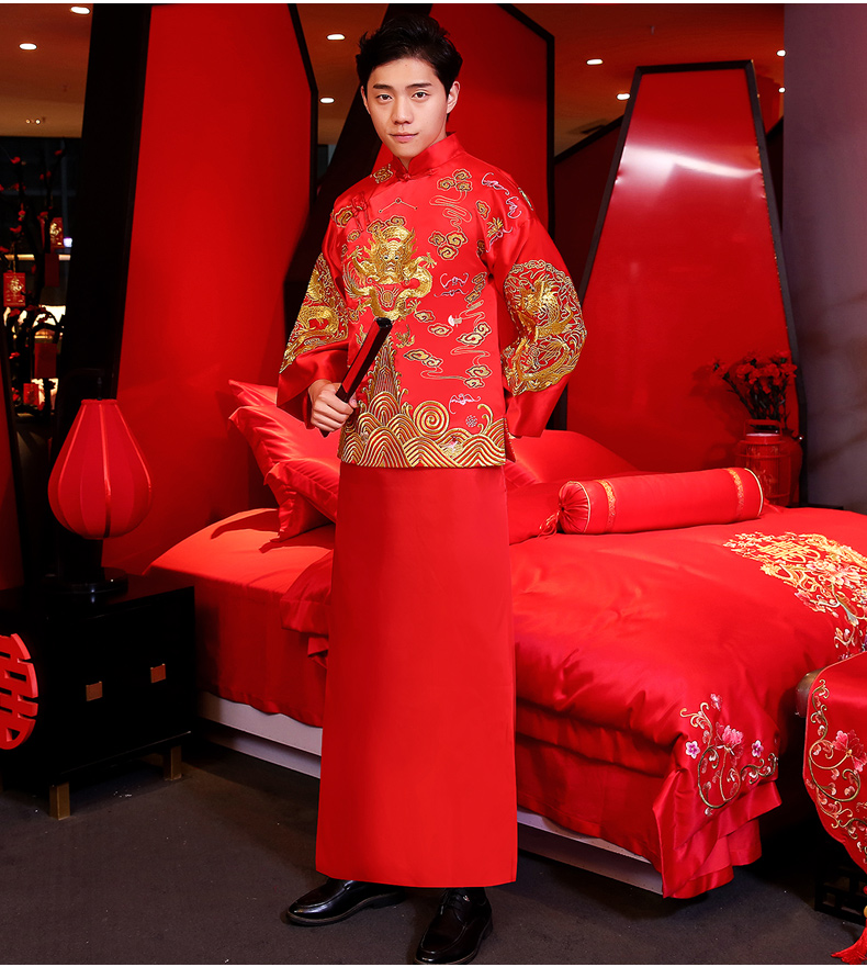 【秀禾服男】2021新款中式古风新郎服装龙凤褂士结婚礼服款秀禾红色