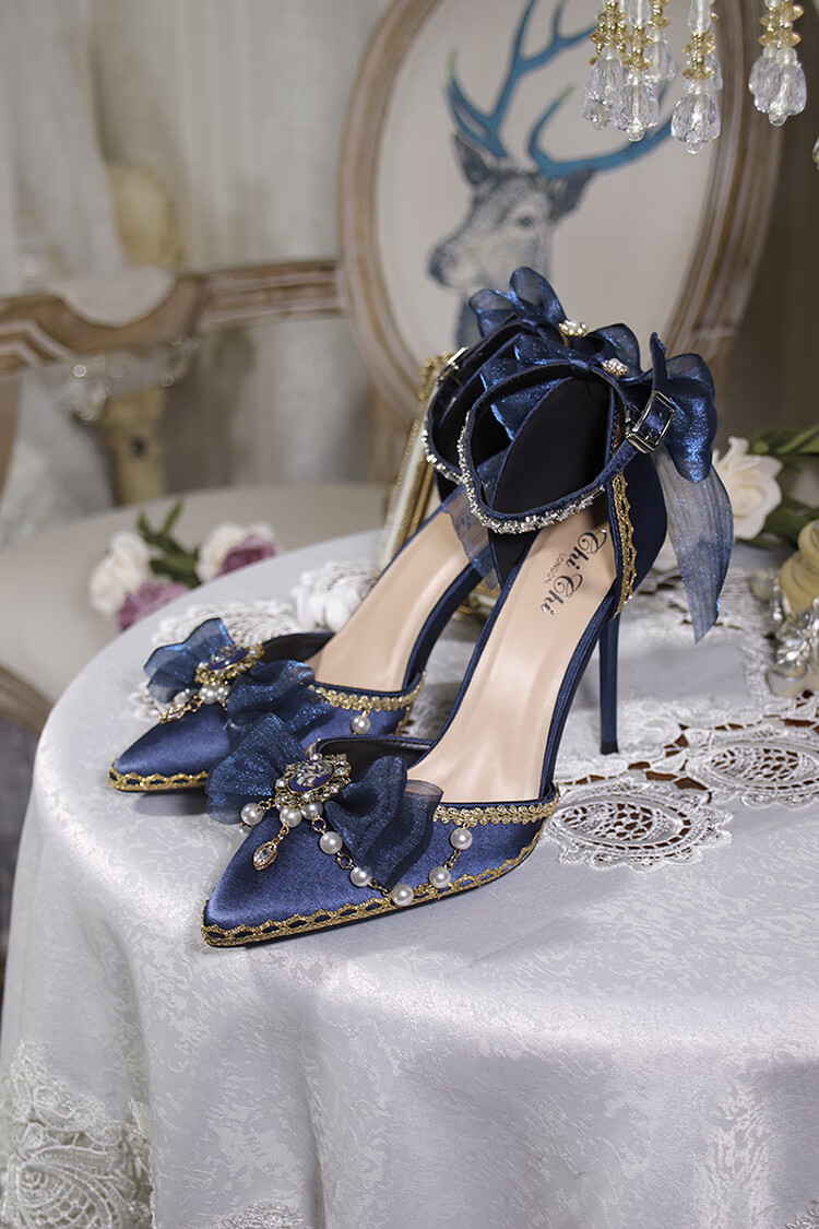 萝莉塔高跟鞋细跟lolita洛丽塔花嫁鞋鞋手作尖头百搭中跟a深蓝色10cm