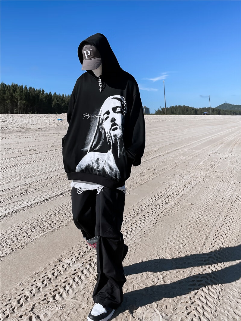 黑白述 欧美暗黑系复古人像印花情侣连帽卫衣美式街头小众慵懒风上衣