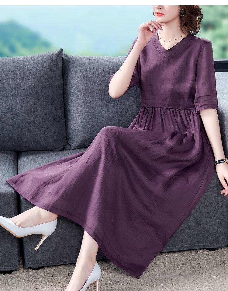 紫色棉麻连衣裙女夏新款v领中长款大码宽松显瘦刺绣裙子紫色m建议9010