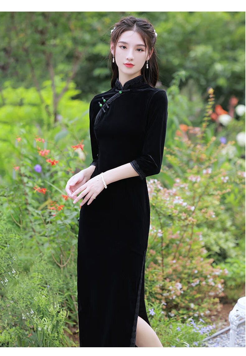 晗情沫默黑色丝绒旗袍轻款气质长款长袖性感显瘦老上海日常妈妈装中国