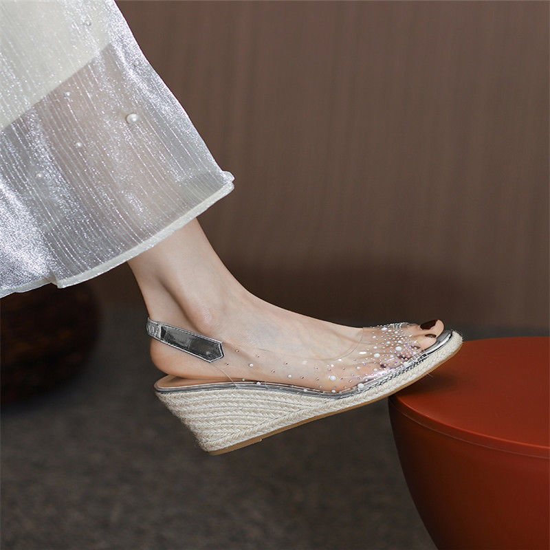 鱼嘴高跟鞋凉鞋女夏季透明鱼嘴坡跟百搭小众设计草编后空水钻高跟银色