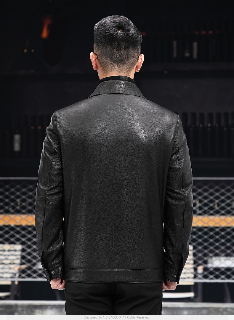 秋冬山羊皮衣男士真皮外套高端皮夹克整皮短款鹿皮纹中年翻领反领男式