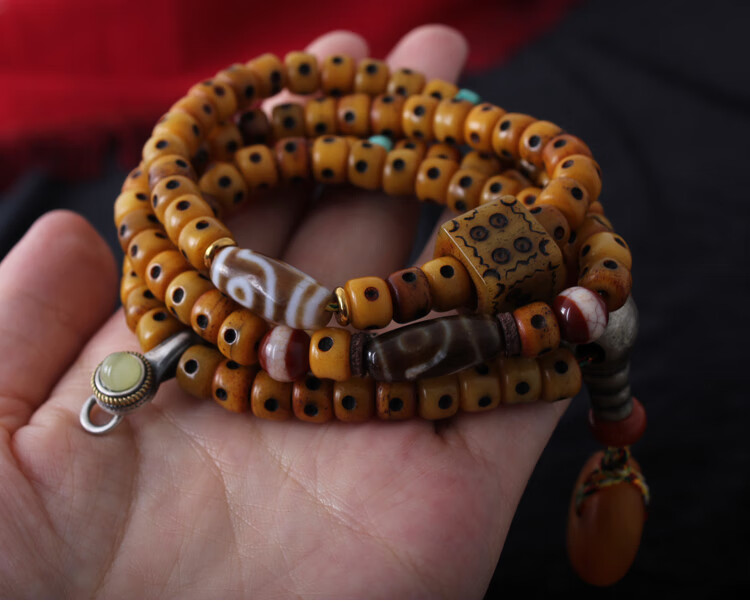 藏传老牛骨108颗佛珠手串西藏天珠手链老蜜蜡手串