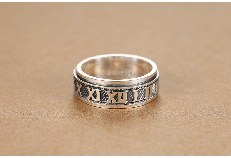 浙饰界可转动 罗马数字 990足银男士戒指足银 刻字 单身食指霸气 潮