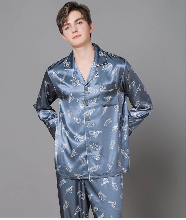 南极人男士真丝睡衣长袖丝绸秋季大码宽松春秋桑蚕丝爸爸家居服套装啡