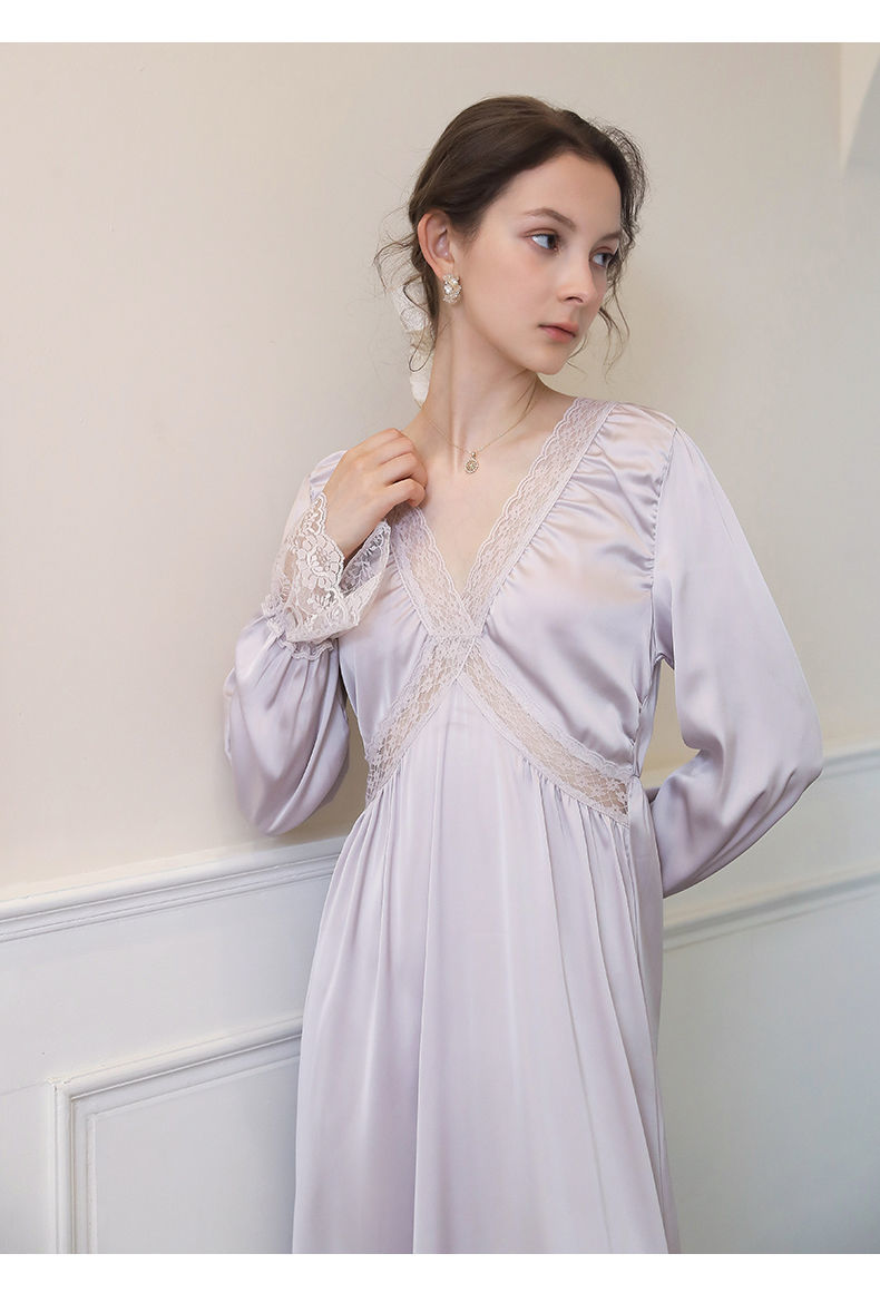 妍蜜俏秋季新款感宫廷风睡裙女蕾丝花边长袖过膝睡衣居家服女潮灰紫色