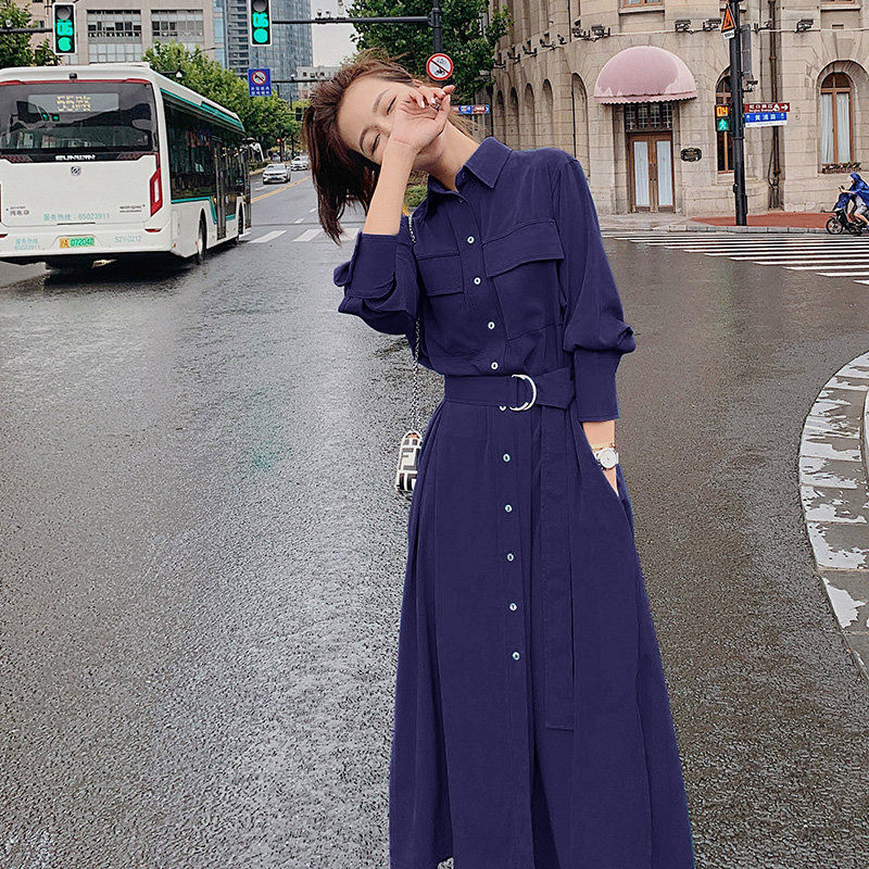 连衣裙女2021年春秋新款法式复古收腰显瘦气质设计感小众衬衫裙子