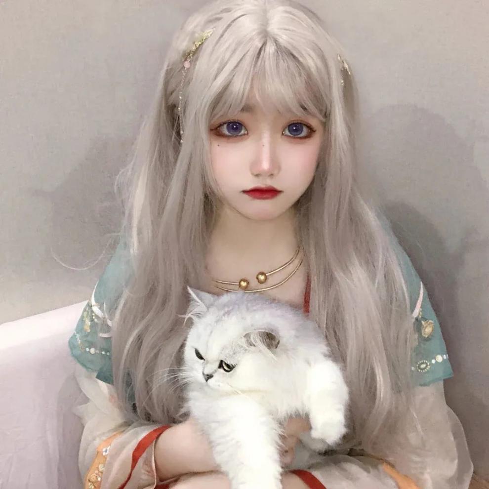 假发lolita软妹烟灰蓝假发男女生万用空气刘海长直发网红可爱cos假毛