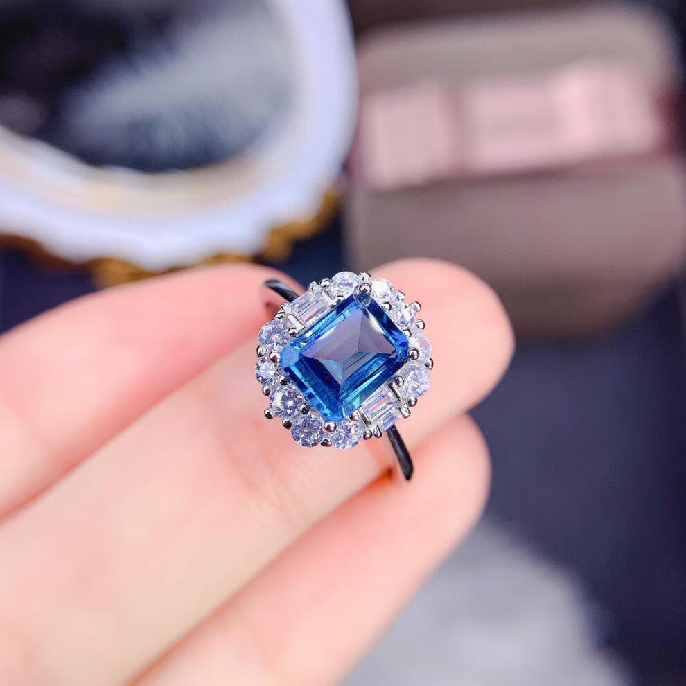 炫熙伦敦蓝托帕石戒指女全净体颜色深925银镀18镶嵌活口可调节蓝托帕