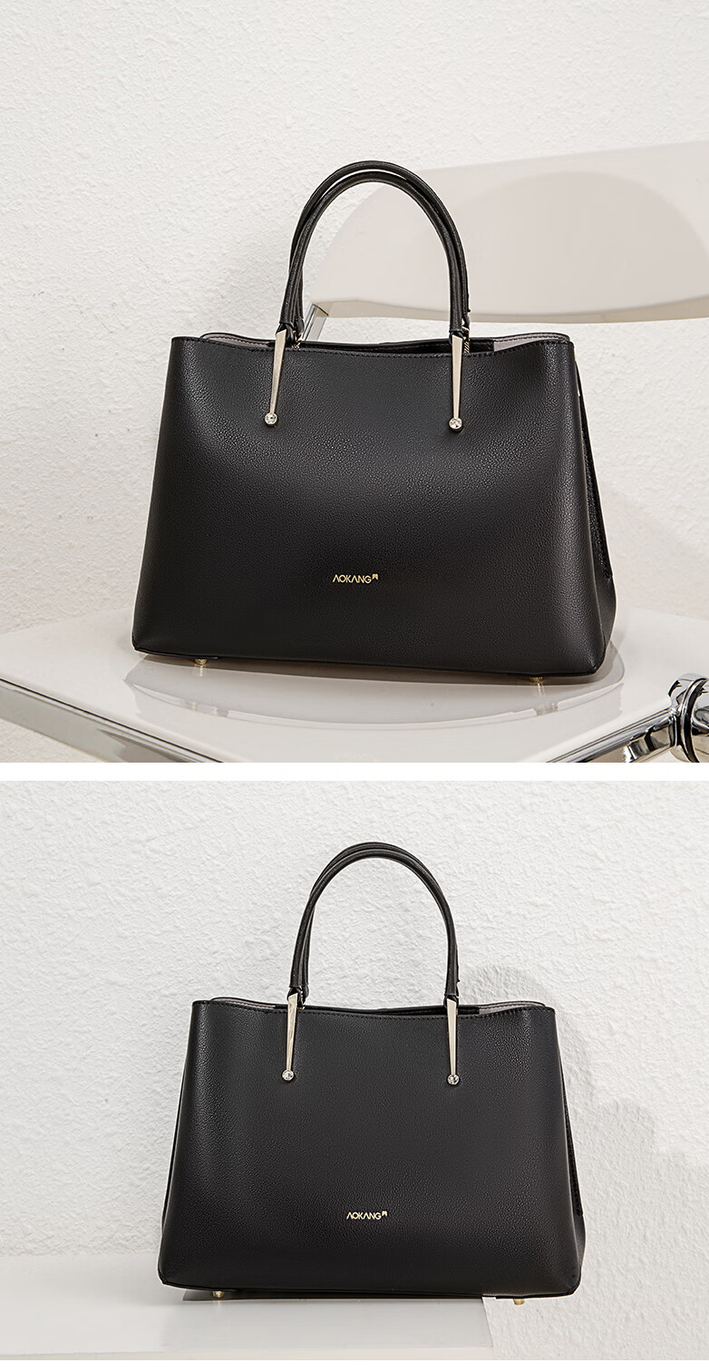 奥康女包年新款牛皮铂金包时尚手提包大容量单肩斜跨手挽包黑色