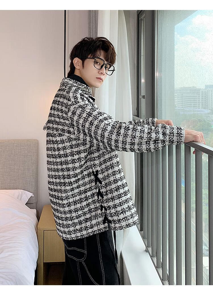 布须曼千鸟格小香风外套男春秋季绑带毛呢夹克vintage感男装轻熟风qz