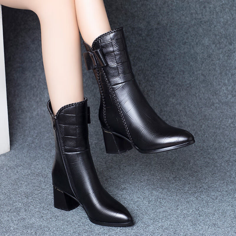 长筒靴女中筒靴女粗跟秋冬季长筒马丁靴软皮鞋高跟皮靴中跟女靴子黑色