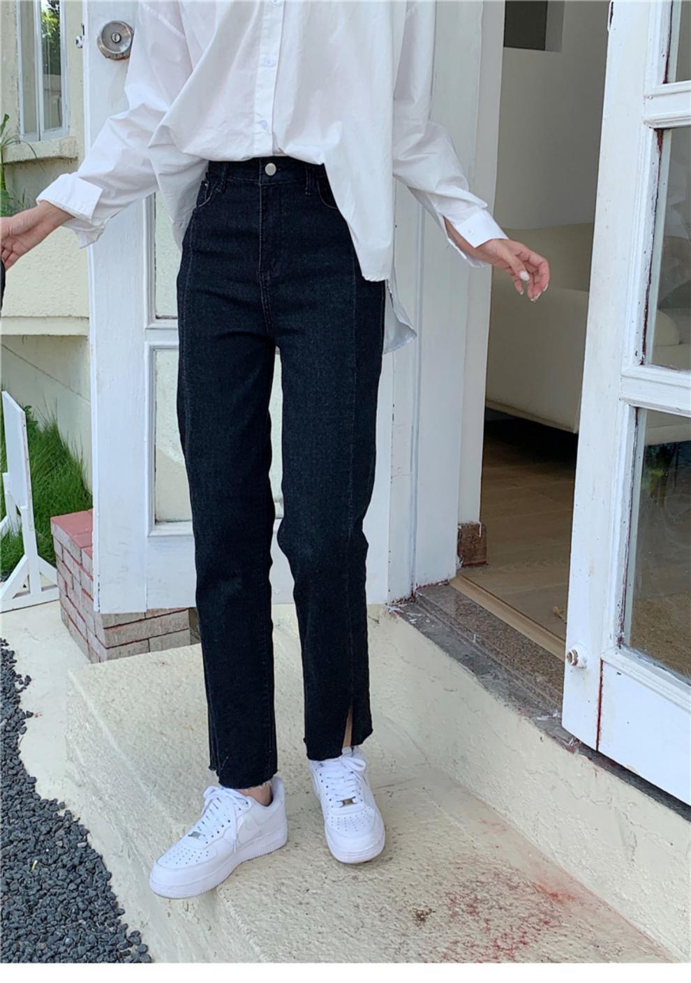 江逸牛仔裤女高腰开叉烟管裤大码显瘦直筒裤小个子胖mm九分裤秋季大码