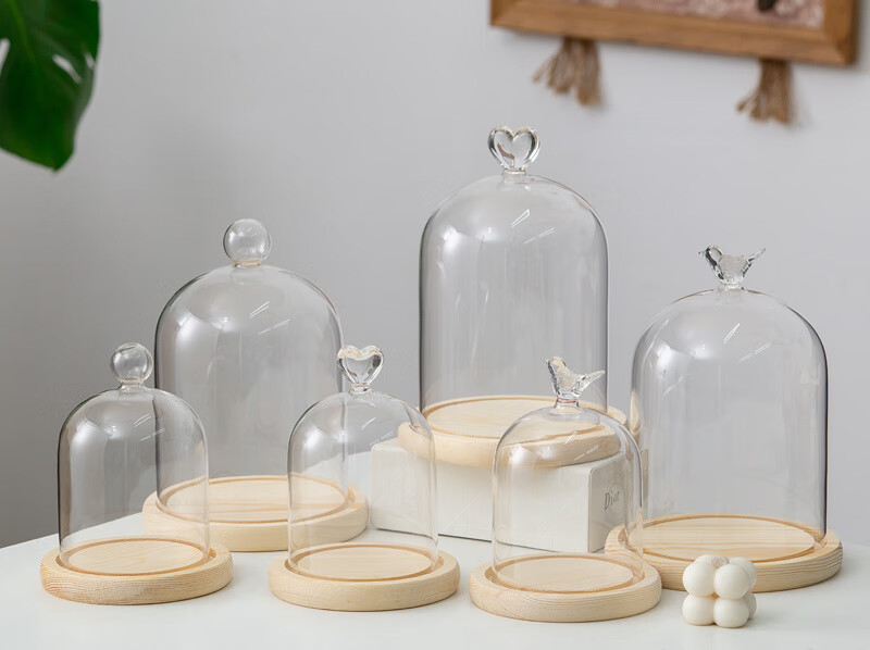 干花玻璃罩花房粘土古玩工艺品盲盒防尘罩香薰蜡烛罩911圆顶原木底座